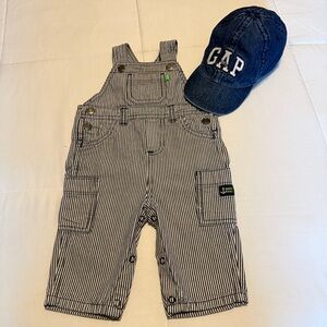 💙 Baby Outfit Set – Baby Gap Hat 6–12M + Carter’s Striped Denim Overalls 6M 💙